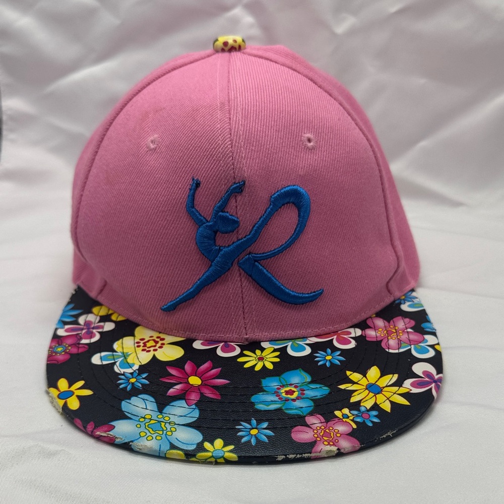 Floral Brim Pink Kids Cap with Blue Logo